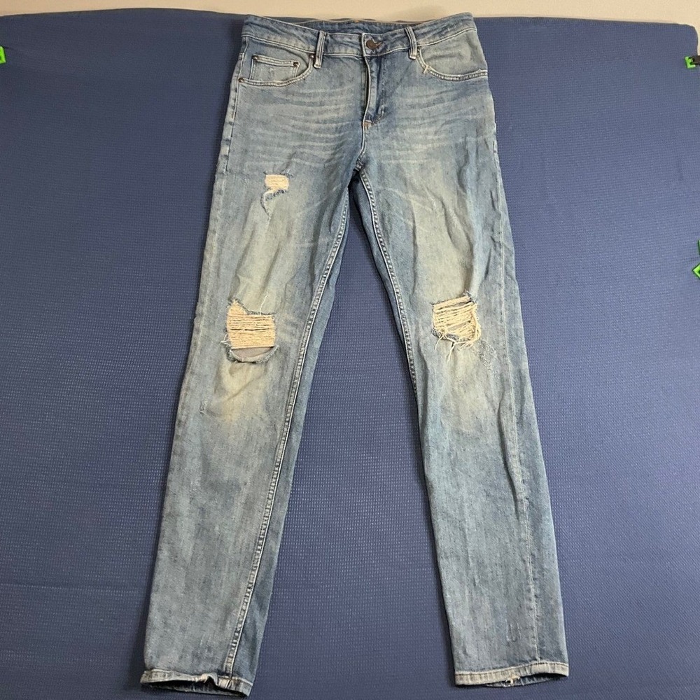 ASOS Mens Slim Fit Distressed Ripped Knee Light Wash Blue Denim Jeans 32x32
